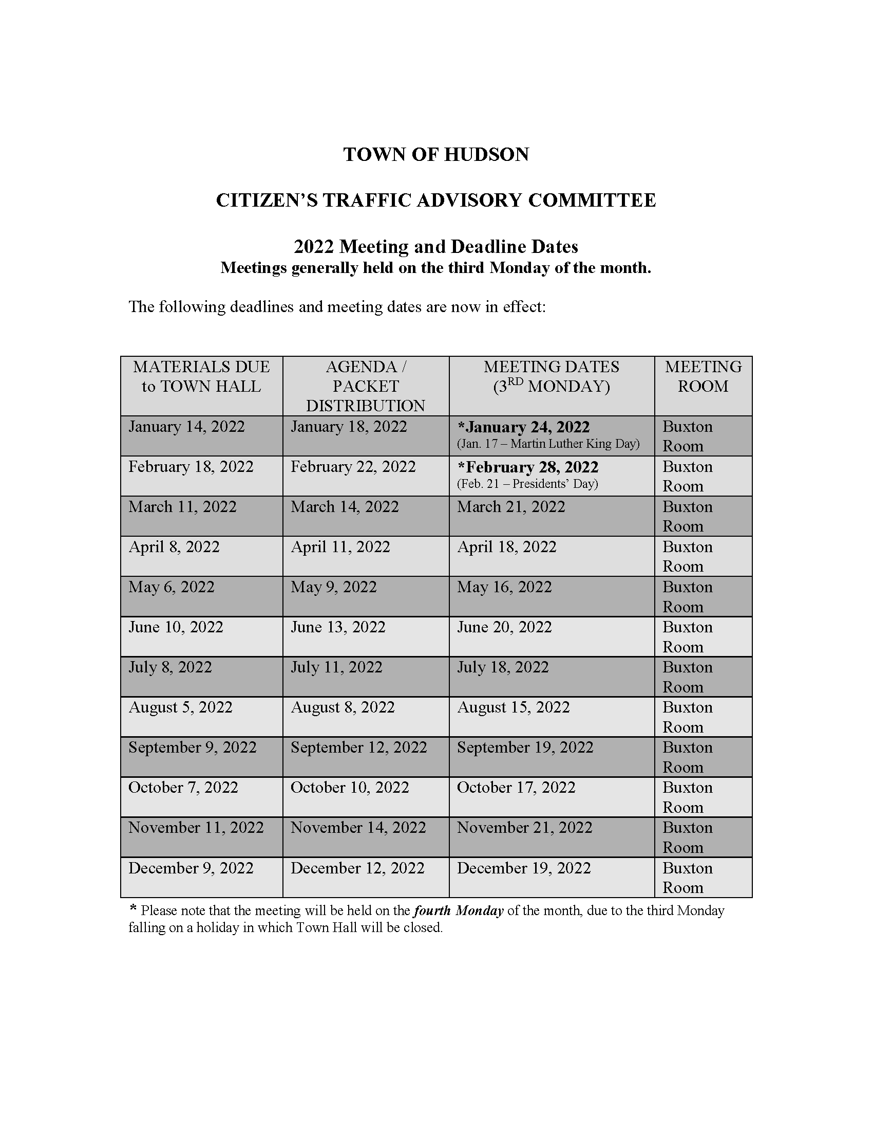 2022 Meeting and Deadline Dates Hudson New Hampshire