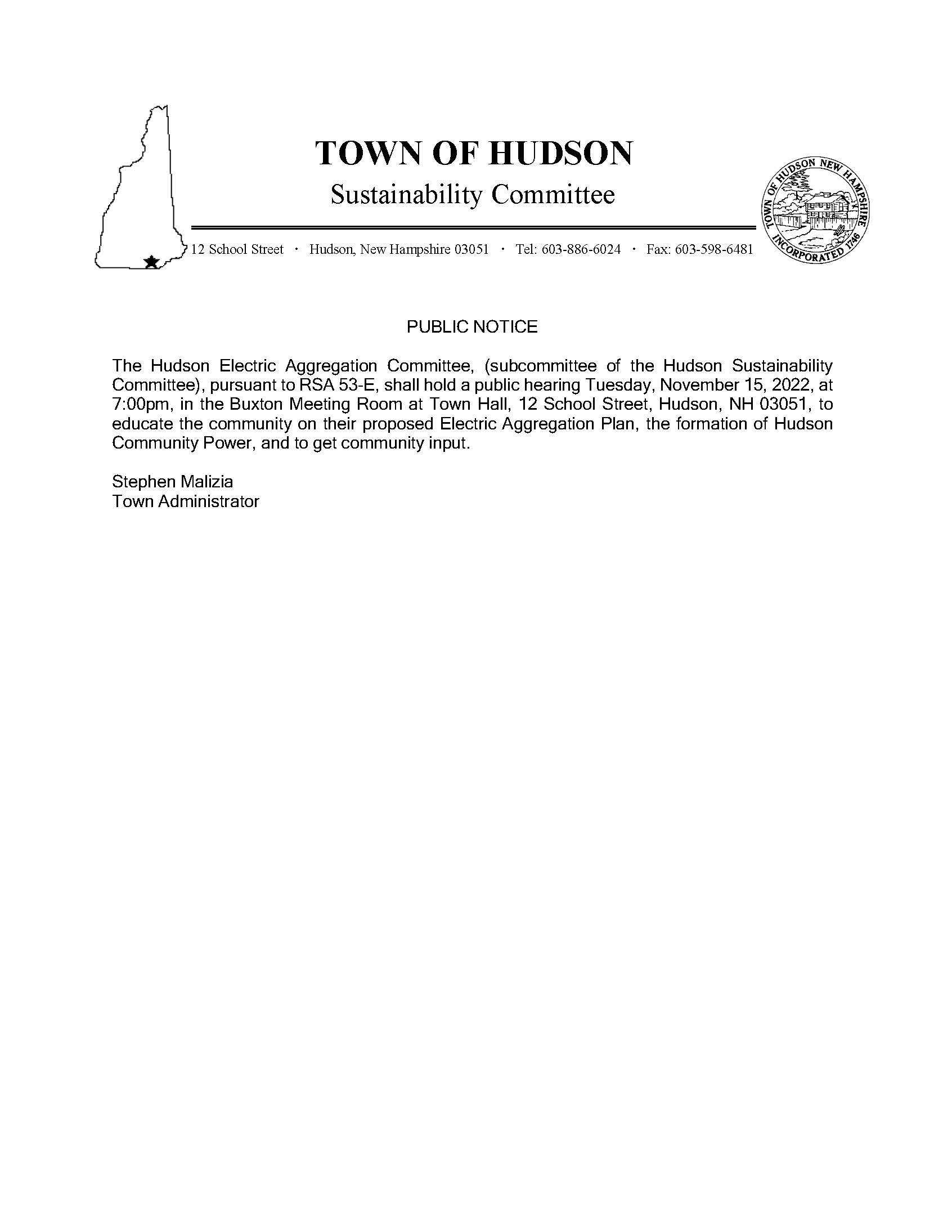 Public Hearing Electric Aggregation Plan Hudson New Hampshire