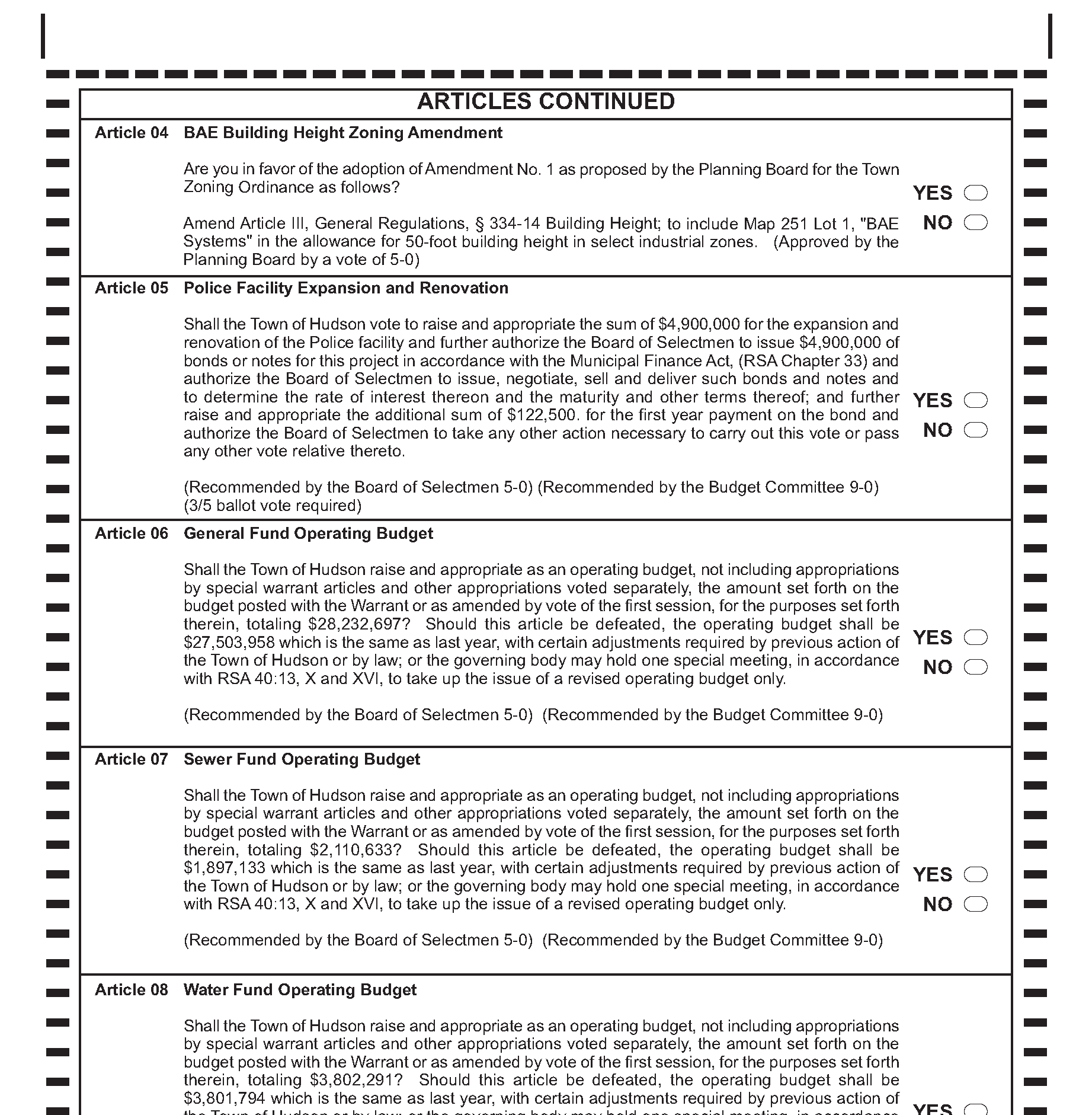FY21 Town Warrant Hudson New Hampshire
