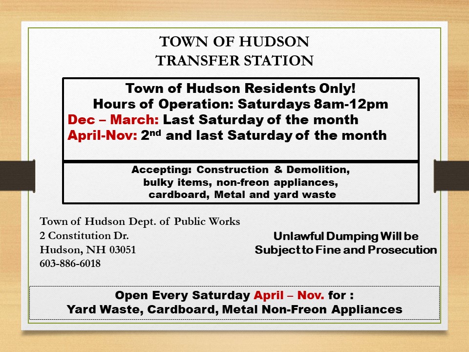 New Transfer Station Hours Hudson New Hampshire