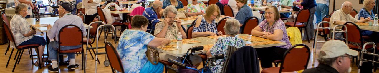 Panoramic view of Hudson Seniors marking bingo cards in an activity hall