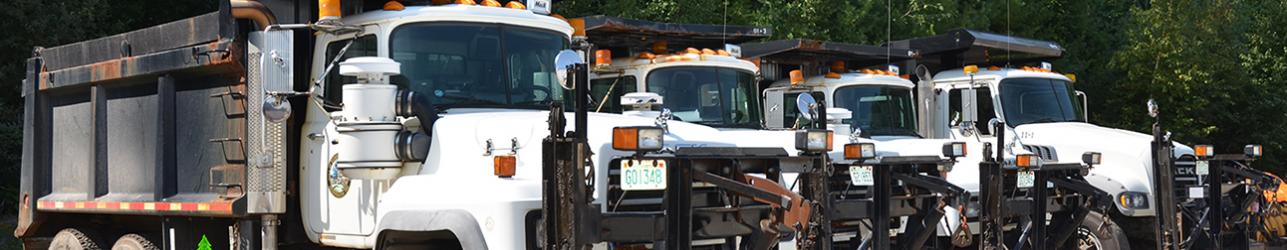 Small fleet of Town-owned dump trucks lined up ready for crew