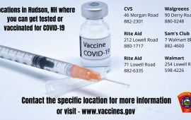 List of locations where you can get the COVID-19 vaccine or be tested.  Text over a photo of a syringe and vaccine vial.