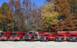 Hudson Fire Department Fleet - All red fire trucks (4), 3 red ambulances, 2 trucks