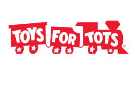 Red three car train with the words TOYS FOR TOTS written in white