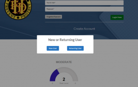 Burn permit main screen, white box with two blue boxes with white writing that says New User and Returning User