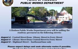 Road Milling to be done August 4th, 5th, 6th