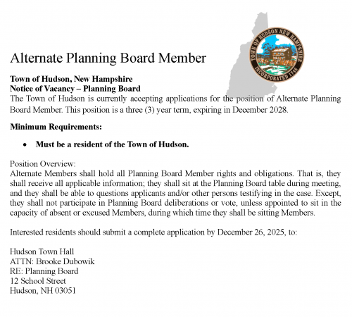 Alternate Planning Board Member Vacancy notice
