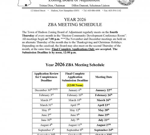 ZBA Meeting Schedule 2026 