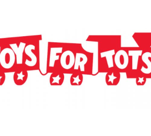 Red three car train with the words TOYS FOR TOTS written in white