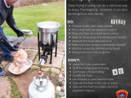 Photo of a fryer and turkey with several do's and don't on how to safely fry your turkey