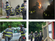 Firefighters in various stages of work - cutting open a car, cutting a garage door, flames in a building and firefighters gather