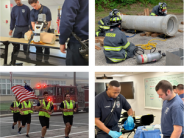 Firefighters in various stages of work - running, working on EMS manikins, lifting a cement pipe