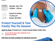 Picture of a large white bus with blue top half.  Mobile Flu Clinic at Hudson Fire Open House on 9/27/2025 from 10AM to 2PM.