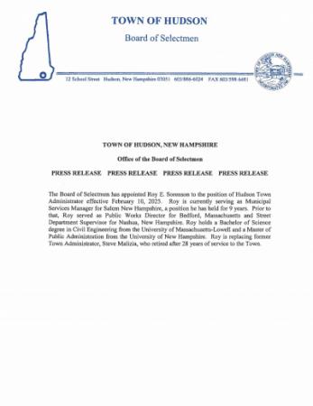 Press Release Roy E Sorenson appointed new Town Administrator
