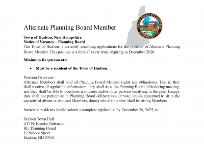 Alternate Planning Board Member Vacancy notice
