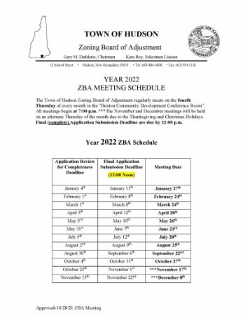 2022 ZBA Meeting Schedule