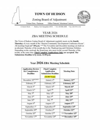 ZBA Meeting Schedule 2026 