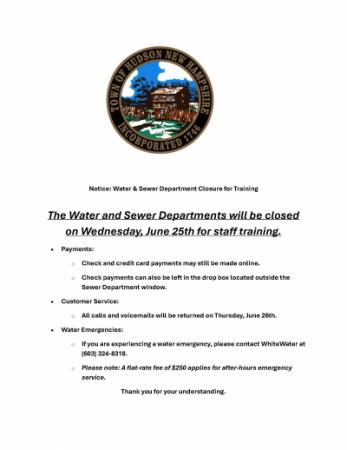 Water and Sewer Closed Wednesday June 25th