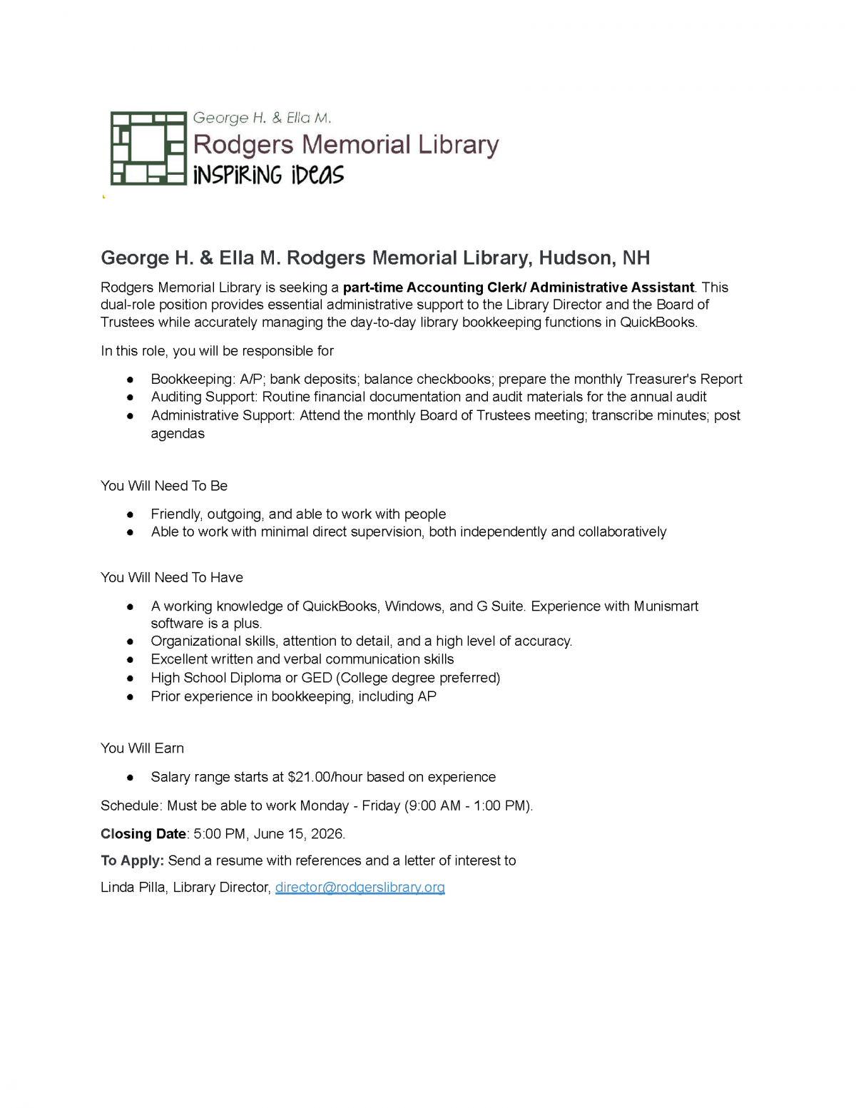 Rodger Library Job Posting