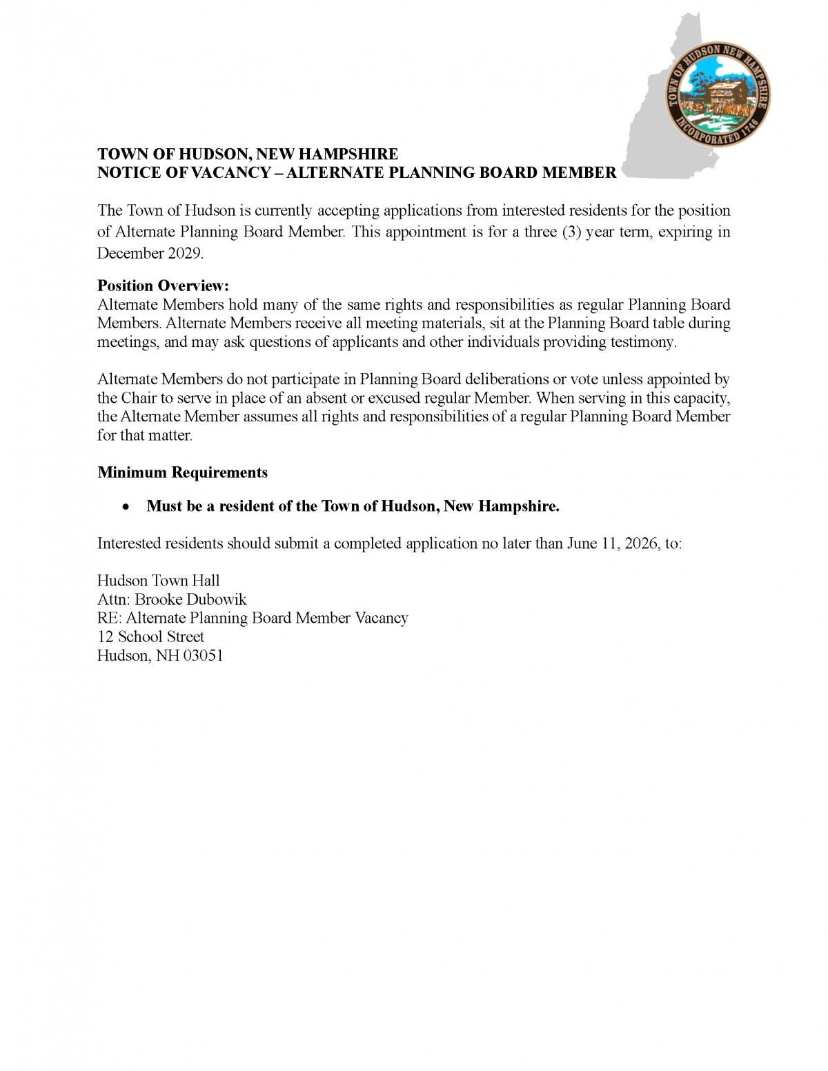 Alternate Planning Board Vacancy notice