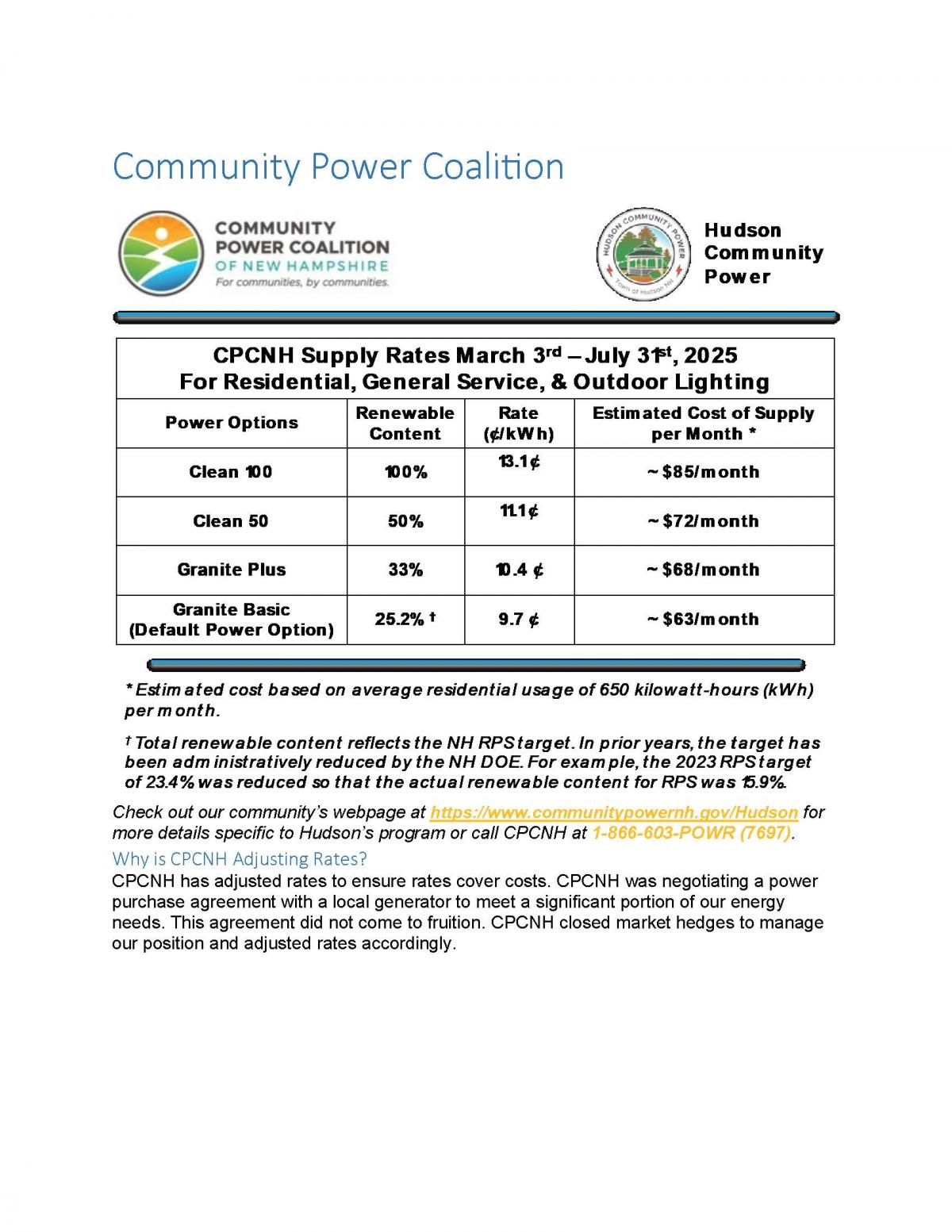 Community Power Coalition rates as of March 2, 2025