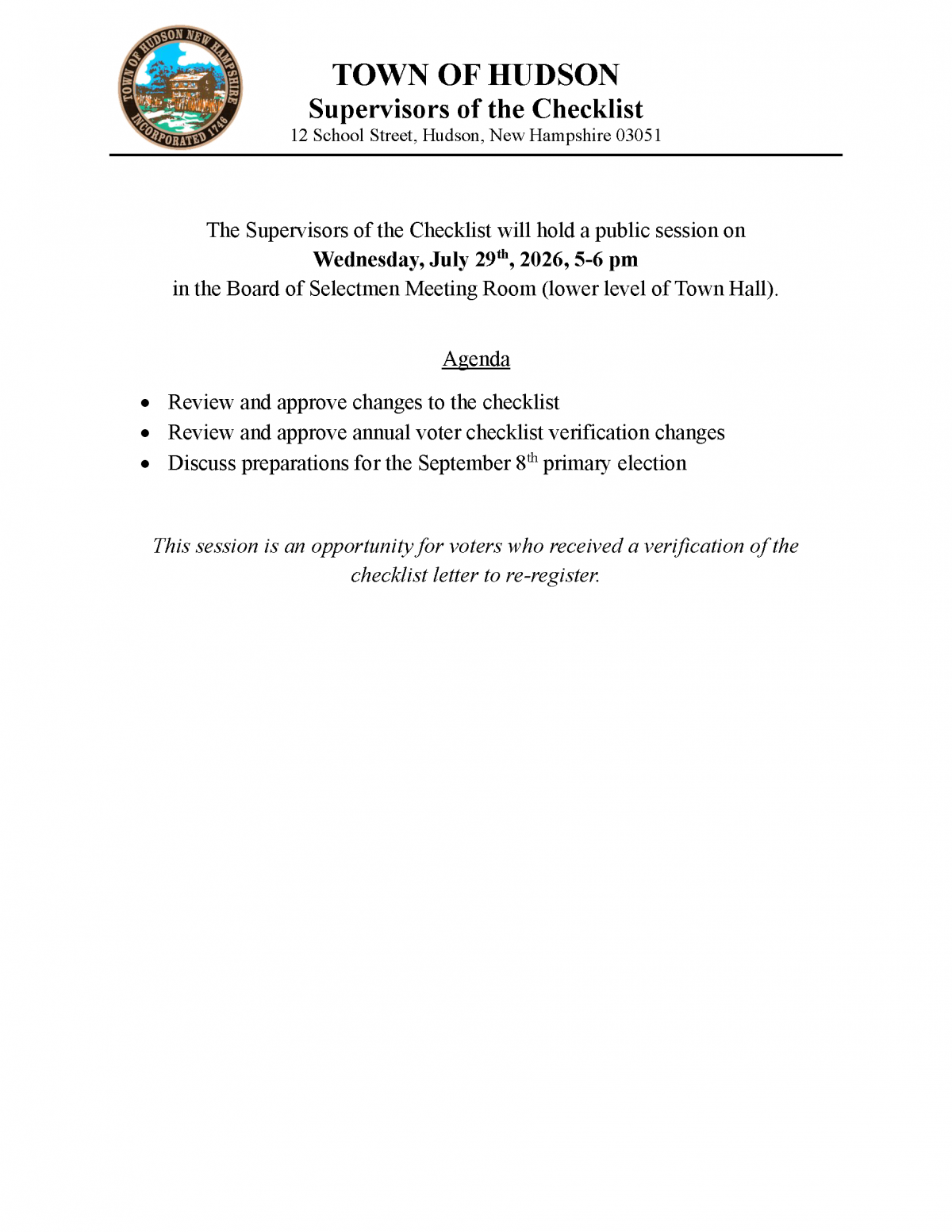 Supervisors of the Checklist Voter Meeting Notice