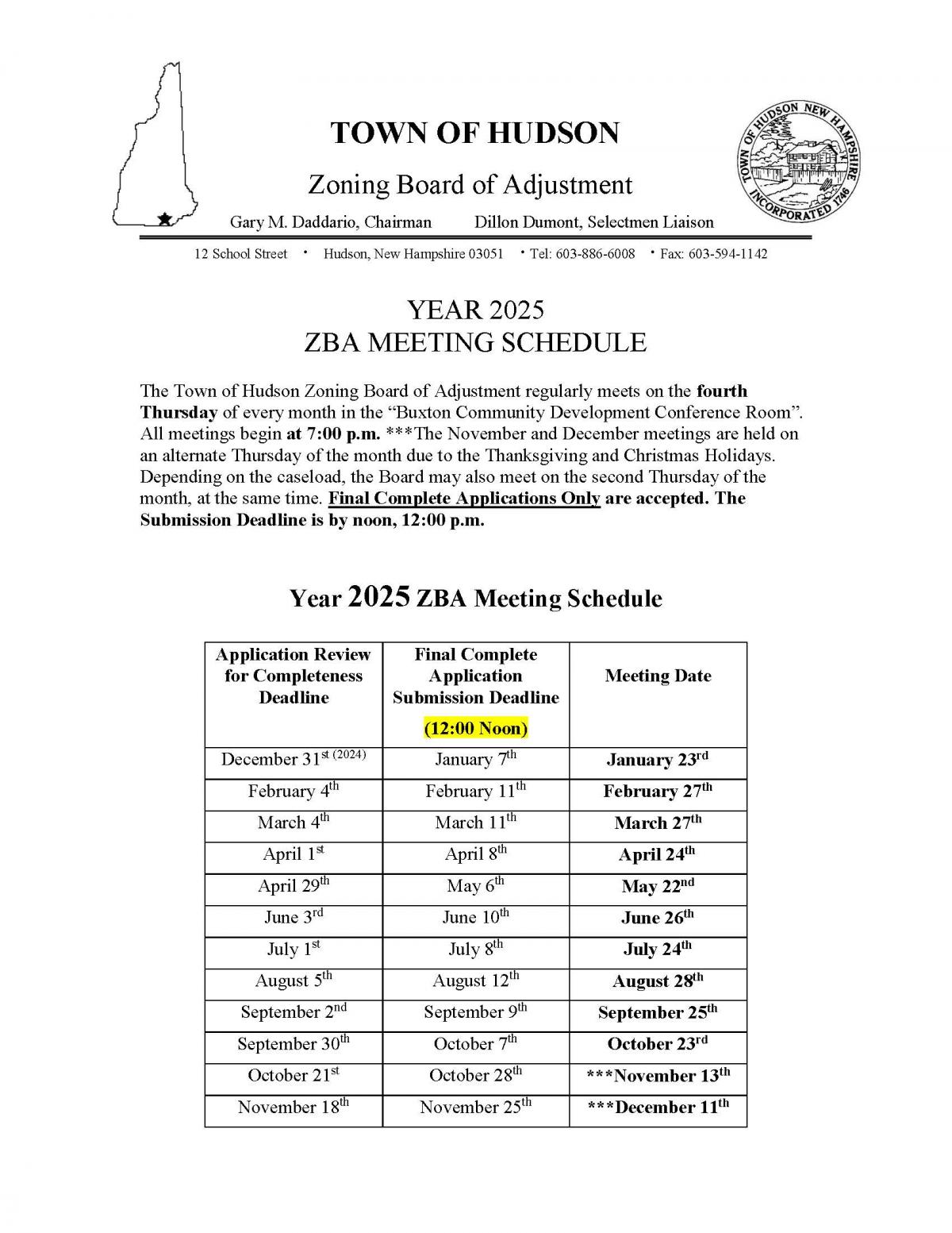 ZBA MEETING SCHEDULE 2025