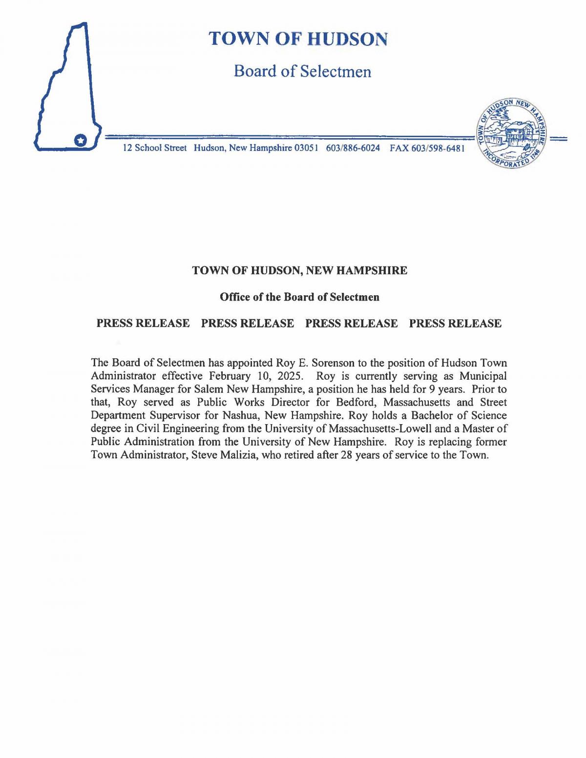 Press Release Roy E Sorenson appointed new Town Administrator