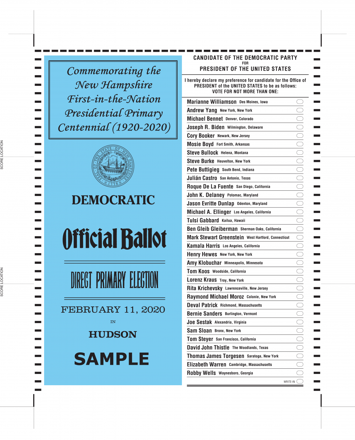 Sample Presidential Primary Ballot Democratic Hudson New Hampshire