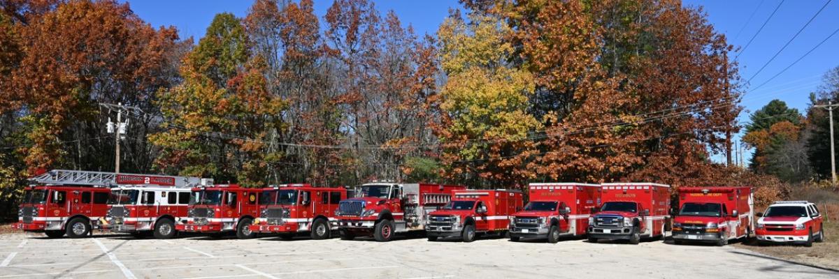 Hudson Fire Department Fleet - All red fire trucks (4), 3 red ambulances, 2 trucks