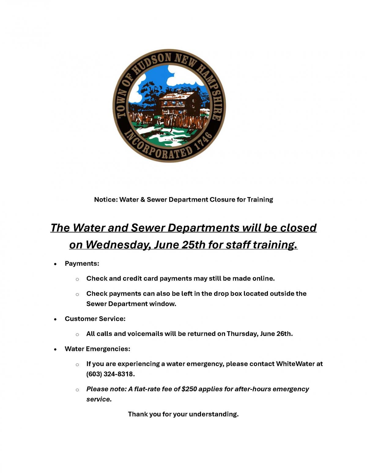 Water and Sewer Closed Wednesday June 25th